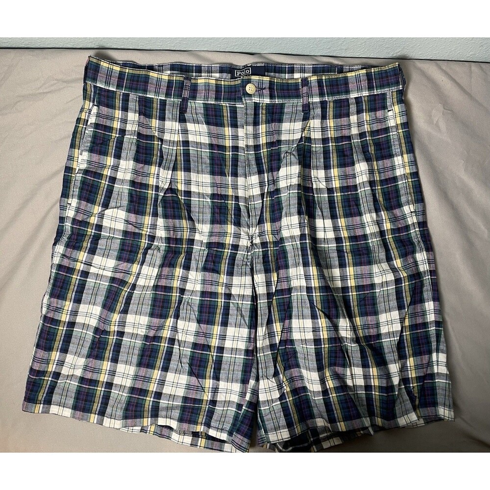 VTG Polo Ralph Lauren Pleated Front Plaid Shorts 100% Cotton Multicolored SZ 36